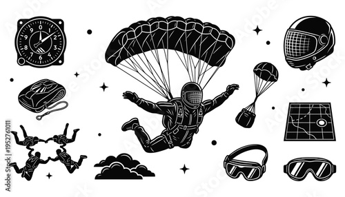 Skydiving and extreme sports equipment sticker set illustration