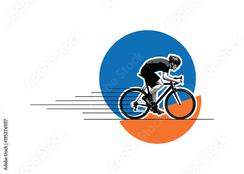 Black and white cyclist riding dynamically forward, oversized cobalt blue circle behind like a bold sun of motion, bright orange semicircle intersecting the