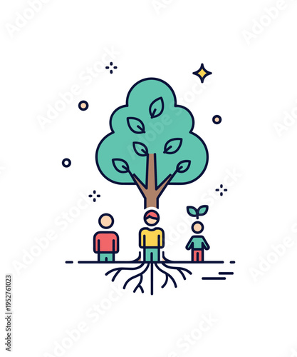 Heritage and legacy theme depicted by a tree icon with three small figure symbols at different heights, representing roots, maturity, and new growth. The