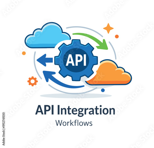 API integration workflows presented as a compact badge with cloud symbols and bidirectional arrows, symbolizing modern cloud based services and continuous data