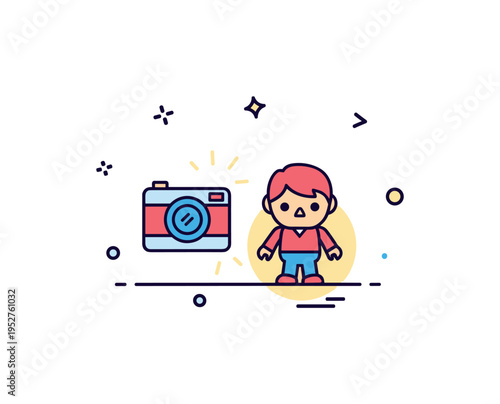 Toy photography setup featuring a vinyl figurine placed in front of a tiny camera icon and subtle light accents, conveying creative presentation and social