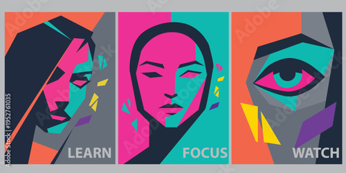 set of abstract poster art design,  woman face collage background , mental health concept, vector illustration