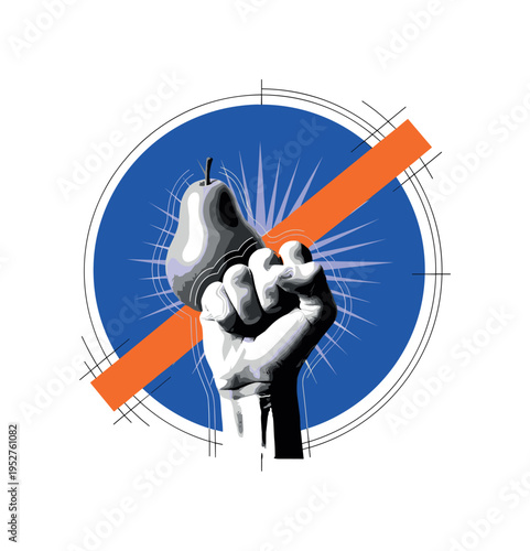 Black and white fist clutching a pear firmly, large electric blue sun-like circle behind intersected by bold orange diagonal bar symbolizing intensity, thin