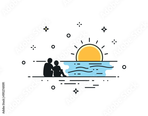 Romantic beach sunset moment illustrating two small seated silhouettes near the shoreline with a glowing sun and gentle wave curves, expressing intimacy and