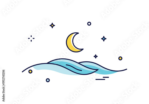 Marine serenity concept shown as a calm horizontal wave line cradling a small crescent moon above, symbolizing peaceful night by the sea. Subtle sparkle