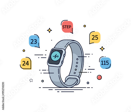 Fitness tracking ring represented by a streamlined band surrounded by step counter icons and gentle motion lines indicating activity. The compact composition