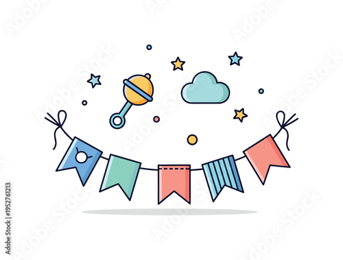 Baby shower fabric garland concept presented as soft pastel bunting with a tiny rattle and cloud icon nearby, expressing tenderness and personalized family