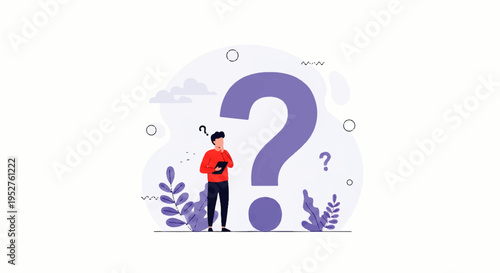 Vector flat design illustration of a man standing thoughtfully next to a large question mark with plants in a minimalist setting.