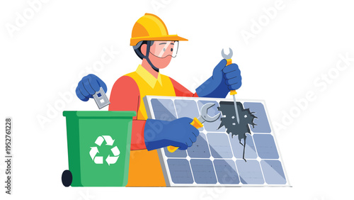 Solar Panel Maintenance: A technician meticulously repairs a damaged solar panel, emphasizing the importance of sustainable energy and environmental responsibility.