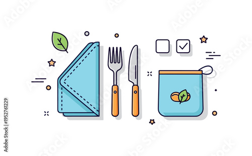 DIY zero waste kit illustrated with cloth napkins, metal cutlery and a small storage pouch arranged neatly together, symbolizing practical and portable
