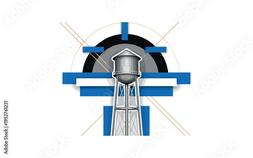 A monochrome water tower centered in composition, framed by geometric arcs and flat rectangular blocks symbolizing distribution networks, thin diagonal lines