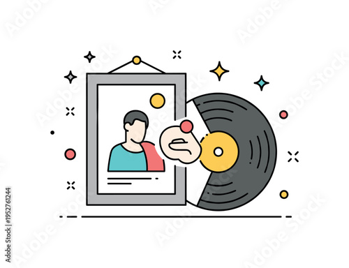 Album cover design inspiration vinyl record partially transforming into a framed artwork, merging graphic design and sound culture. A modern editorial icon