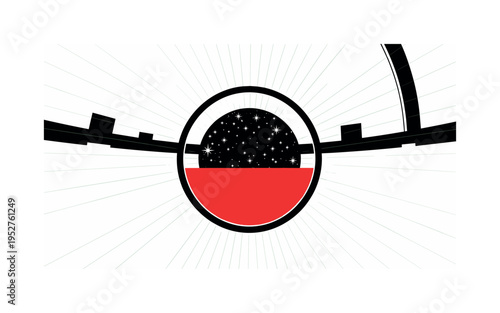 Black and white image of telescope lens reflecting scattered star shapes, bold red semicircle framing reflection as focal point, thin green radial lines