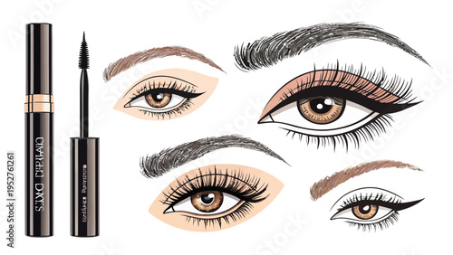 Vector illustration of eye makeup with mascara eyeliner and brow styles showcasing beauty products and techniques