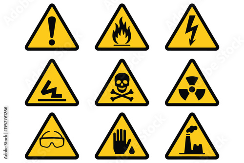 Safety hazard vector icon set, featuring danger, caution, flammable, toxic, electric shock, radioactive, corrosive, and poison symbols, perfect for occupational safety, factory signage, and health and