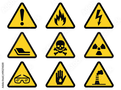 Set of safety hazard warning signs, vector icons collection including danger, caution, flammable, toxic, electric shock, radioactive, corrosive, and poison symbols, ideal for workplace health, 