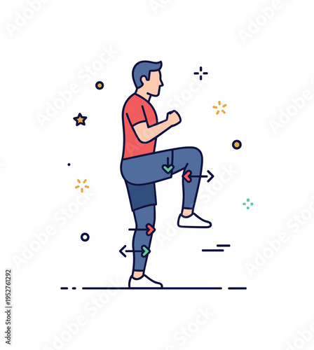 Sports conditioning concept featuring a trainer silhouette demonstrating high knees with subtle arrow accents around the legs, symbolizing explosive power and