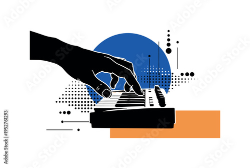 Black and white hand pressing keys on a small synthesizer, bold cobalt circle behind the hand, muted orange geometric block anchoring bottom edge, abstract