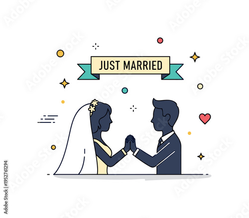 Just married couple silhouette illustrated with a small banner reading Just Married floating above their joined hands. The composition reflects celebration,
