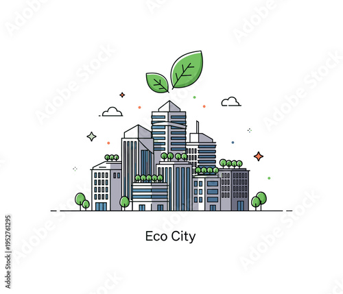 Green cities sustainable skyline concept with a compact cluster of modern buildings topped with small rooftop gardens and a bright leaf icon above, expressing