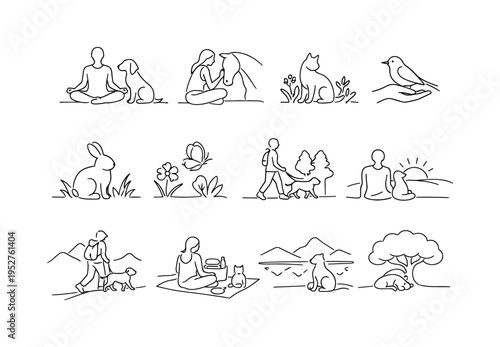 Mindfulness and Animals in Nature. Minimalistic set one-line drawing [person meditating with dog, woman sitting with horse, cat in garden, bird on hand, rabbit