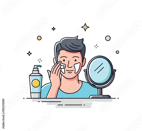 Casual grooming routine featuring a man applying face cream beside a small mirror symbolizing skincare awareness and daily habits. Soft shadow accents maintain