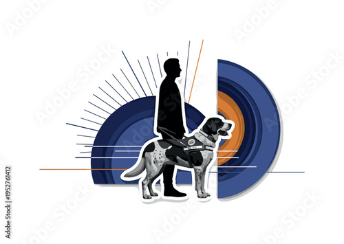 A black and white guide dog in harness standing confidently beside a human silhouette, bold geometric semicircles radiating behind them symbolizing support and