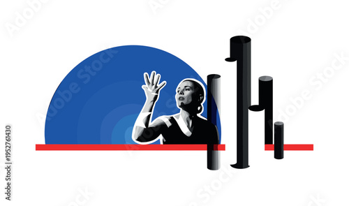 Black and white actress mid-performance with dramatic hand gesture, bold blue semicircle spotlight behind her and red horizontal line grounding the stage,