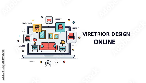 Virtual interior design service concept featuring a laptop screen displaying a styled living room mockup with small drag and drop furniture icons, expressing