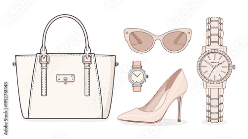 Minimalist fashion accessories vector set with handbag sunglasses watches and high heel shoes in neutral tones on white