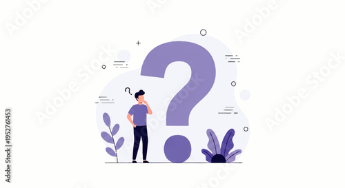Vector flat design illustration of a man standing thoughtfully next to a large purple question mark surrounded by leaves and text bubbles on a light background.