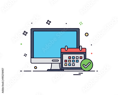 Subscription based streaming model depicted by a screen icon paired with a small calendar and checkmark symbol, expressing recurring access and membership