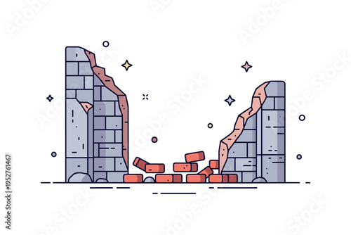 Remains of an ancient building with crumbling stone walls and scattered bricks, conveying history, decay, and passage of time. Minimalist flat vector