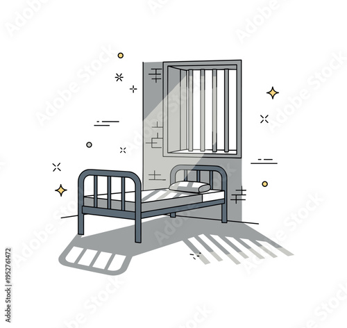 Cold prison cell with a narrow barred window casting a pale beam of light onto a simple metal bed, expressing isolation and harsh confinement. Stark shadows