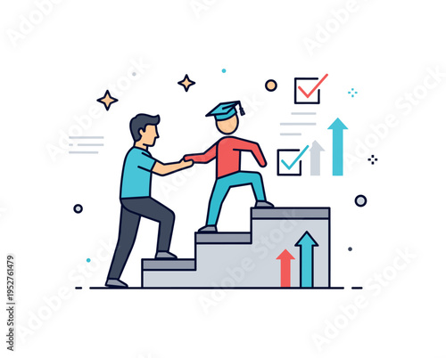 Skill development mentorship featuring a coach guiding a learner figure up a simple step platform, symbolizing structured learning and incremental improvement.