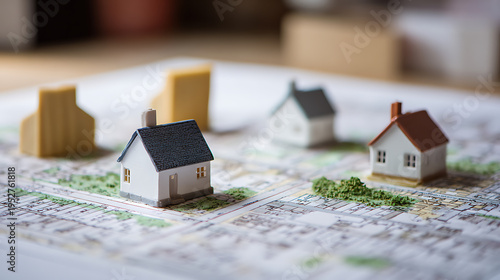 Wallpaper Mural Miniature House Models Sit on Detailed Map, Symbolize Real Estate Search, Property Investment, Housing Choices and Urban Development Torontodigital.ca