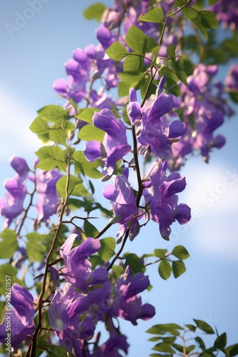 A picture of a tree with vibrant purple flowers and lush green leaves. Perfect for adding a pop of color to any design or showcasing the beauty of nature.