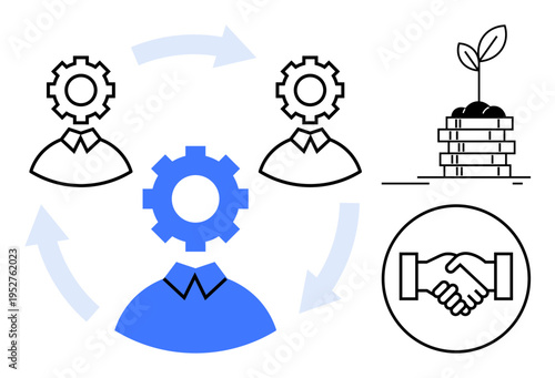 Teamwork concept. Teamwork ed by interconnected gearheads, handshake, and plant partnership and growth. Teamwork is key to collaboration, innovation, and success. Great for business strategies
