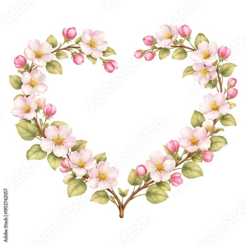 Zarter Herzkranz aus rosa Apfelblüten mit Knospen und Blättern auf hellem Hintergrund – romantisches Frühlingsmotiv, ideal für Liebe, Hochzeit, Grußkarten und Naturdesign.