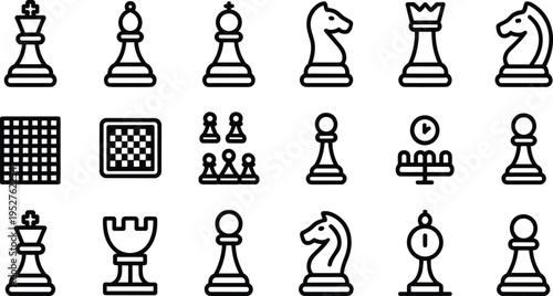 Outline chess piece icon set with board elements for strategy games, classic tournament symbols in minimal black white vector design