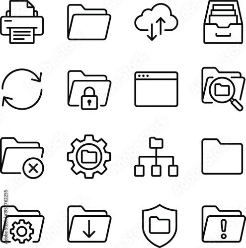 Outline file and folder management icon set with cloud storage, security, sync and document system symbols for design use