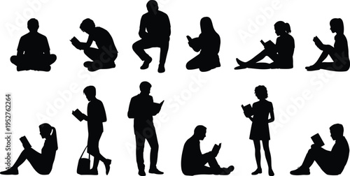 People reading book silhouettes collection, students and adults studying, learning education activity figures isolated black reader character set