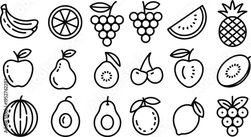 Outline fruit icon set with banana apple grapes citrus and tropical fruits, healthy food symbols in minimal black vector illustration style