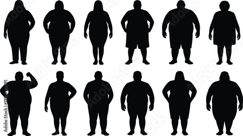Plus size people silhouette collection, overweight male and female body shapes standing figures diversity concept isolated black vector set