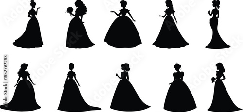 princess, silhouettes, woman, gown, dress, elegant, royal, fairy, character, female, beauty, fashion, isolated, black, figures, collection, queen, lady, fantasy, design