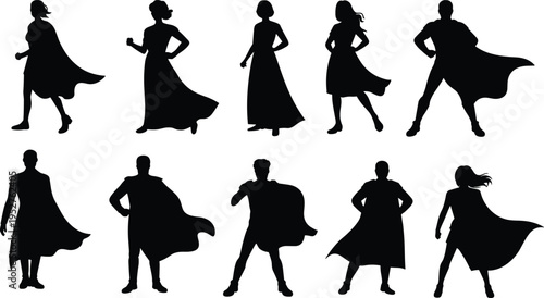 Superhero silhouette characters collection, male and female caped heroes standing powerful poses, comic book hero figures isolated black set