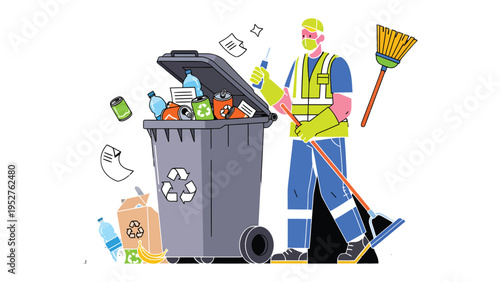 Recycling Worker at Work: A diligent worker wearing protective gear diligently manages recycling operations, with a recycling bin, and scattered recyclable items.