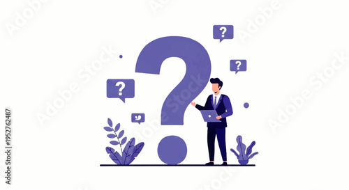 Vector flat design illustration of a businessman standing next to a large question mark with thought bubbles, surrounded by plants on a plain background.