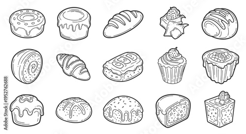 diverse collection of hand-drawn outline bakery and sweet dessert illustrations perfect for food blogs or menu design