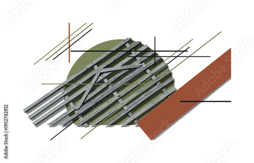 Black and white top-down angled view of rustic fence rails forming repeating pattern, oversized muted green semicircle behind repeating shapes, warm brown